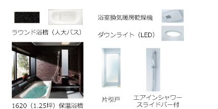 ラウンド浴槽（人大バス）浴室換気暖房乾燥機 ダウンライト（LED）1620（1.25坪）保温浴槽 片引戸 エアインシャワースライドバー付